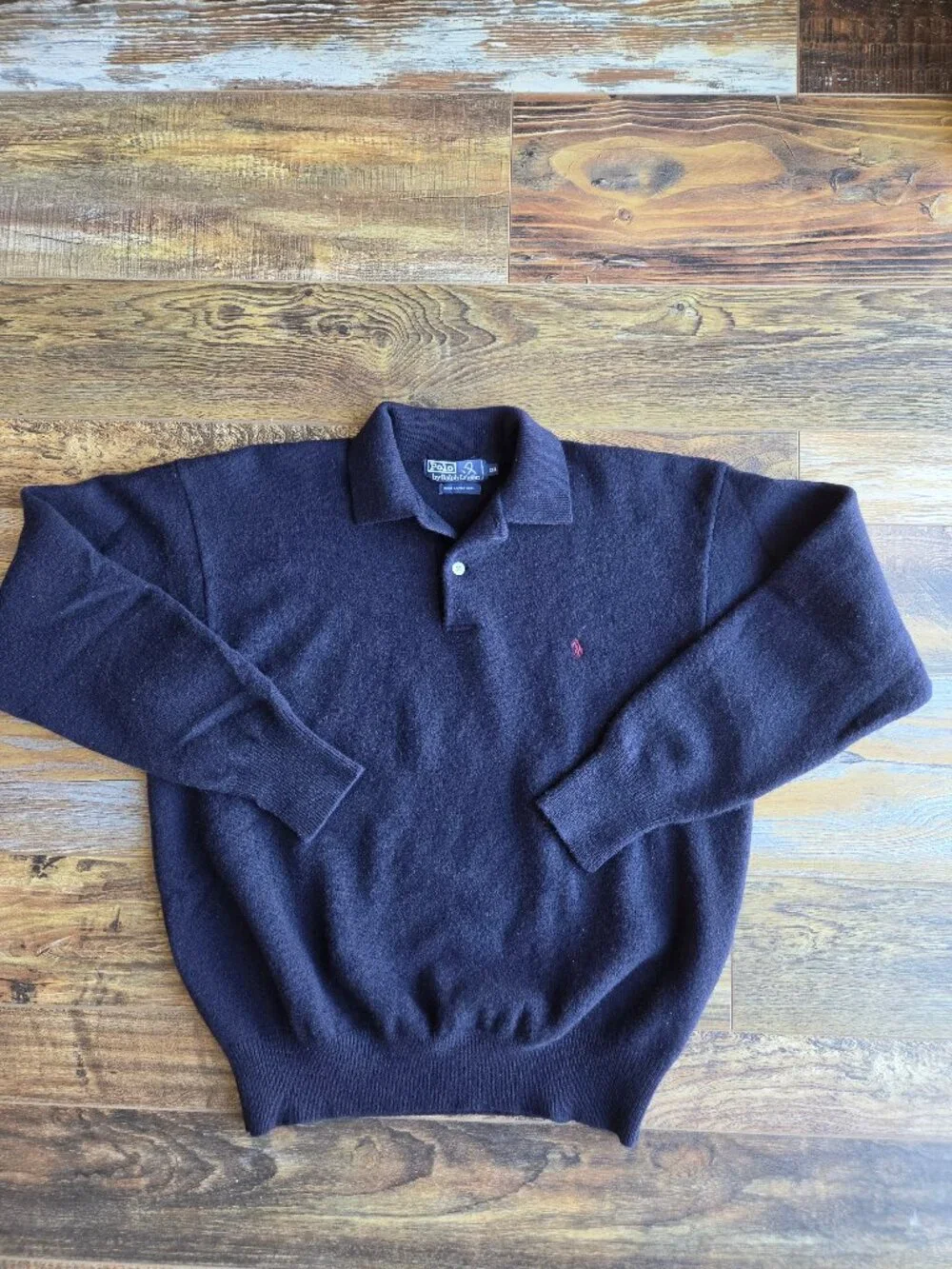 Vintage'90s Polo Ralph Lauren Pony 100% Lambswool Soft Polo-Sweater Navy Blue